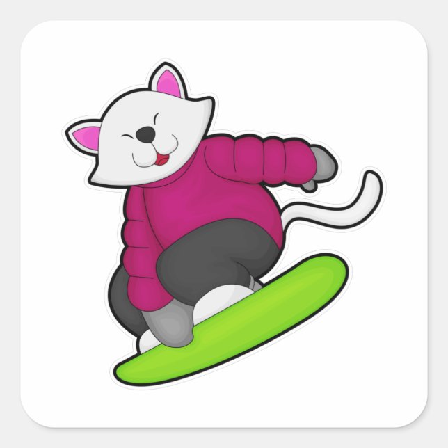 Adesivo Quadrado Gato como Snowboarder com Snowboard (Frente)