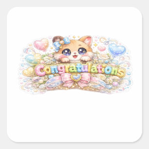 Adesivo Quadrado Gato Congratulações Kawaii Fofo Rosa Pastel Floral