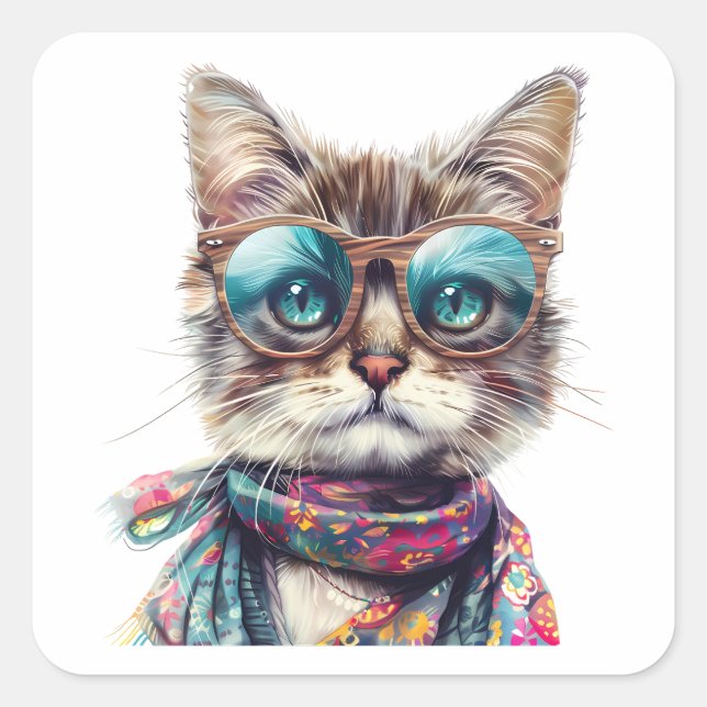 Adesivo Quadrado  Gato Cool con Lentes  (Frente)