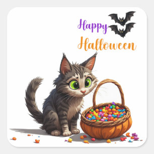 Adesivo Quadrado Gato Curioso Com Abóbora de Halloween Cheia de Doc