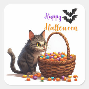 Adesivo Quadrado Gato Curioso de Halloween com Balde de Doces de Ab