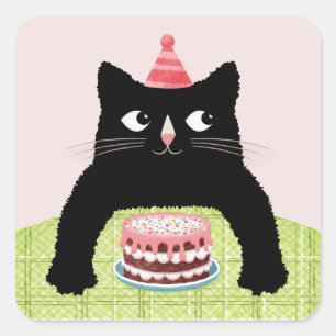 Adesivo Quadrado Gato de aniversário com bolo de aniversário e chap