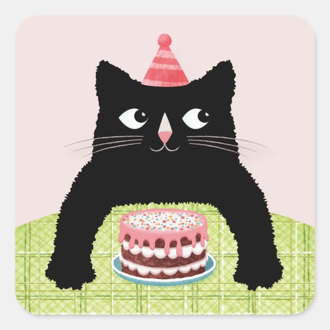 Adesivo Quadrado Gato de aniversário com bolo de aniversário e chap (Frente)