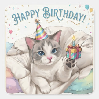 Adesivo Quadrado Gato de Aniversário Fofo com Chapéu de Festa e Pre