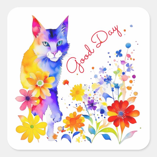 Adesivo Quadrado Gato de Aquarela e Flores Personalizados no Bom Di (Frente)