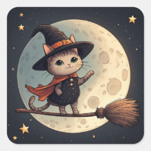 Adesivo Quadrado Gato de Bruxa Fofo Tema de Céu de Halloween ao Lua