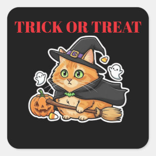 Adesivo Quadrado Gato de bruxa laranja de Halloween fofo Abóbora