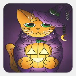 Adesivo Quadrado Gato de Bruxas de Halloween Roxo