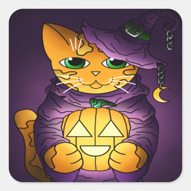 Adesivo Quadrado Gato de Bruxas de Halloween Roxo (Frente)
