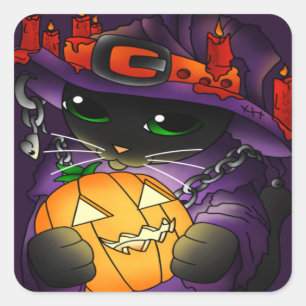 Adesivo Quadrado Gato de Bruxas Negras de Abóbora Halloween