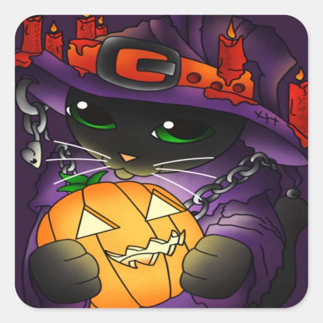 Adesivo Quadrado Gato de Bruxas Negras de Abóbora Halloween (Frente)