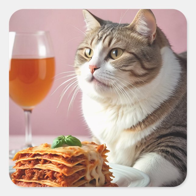 Adesivo Quadrado Gato de Cinza cômoda com Lasagna e Vidro (Frente)