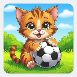 Adesivo Quadrado Gato de Desenho Animado Fofo Segurando Bola de Fut