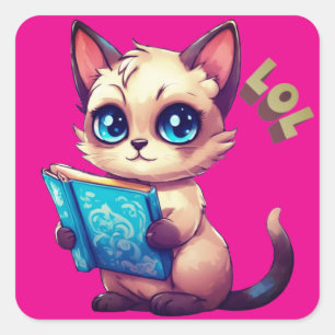 Adesivo Quadrado Gato de desenho Kawaii lendo livro
