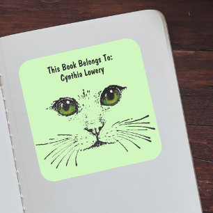 Adesivo Quadrado Gato de Desenho Preto Face Olhos Grandes Verde Cla