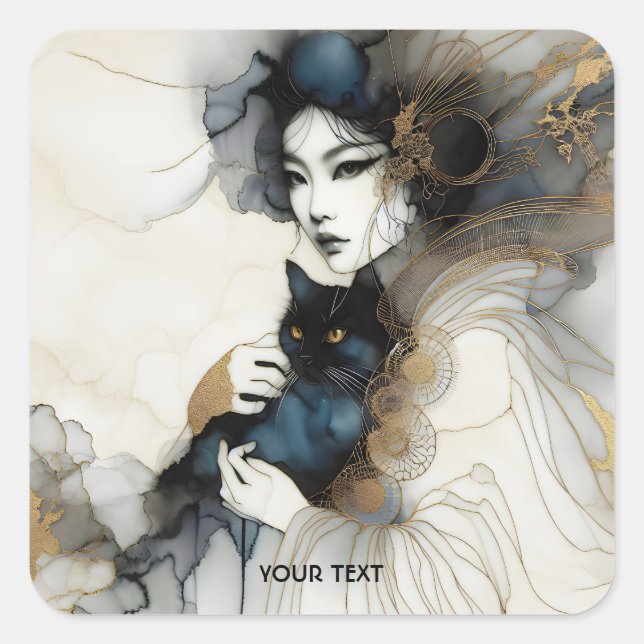 Adesivo Quadrado Gato de Garota Japonesa Fantasy (Frente)