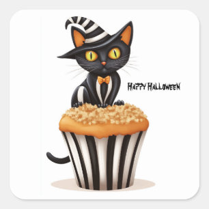 Adesivo Quadrado Gato de Halloween com muffin