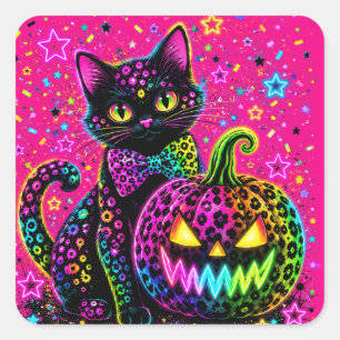 Adesivo Quadrado Gato de Halloween Neon Leopardo & Festa de Abóbora