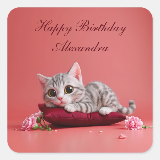 Adesivo Quadrado Gato de janeiro bonito com cravos (Frente)