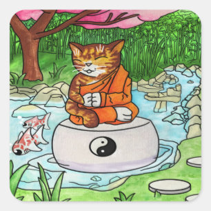 Adesivo Quadrado Gato de Meditação de Tabby Budista