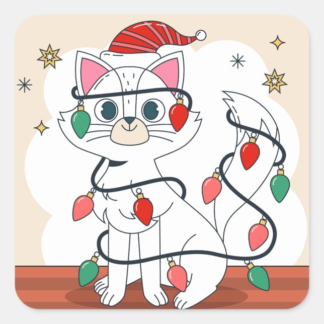 Adesivo Quadrado Gato de Natal (Illustration of a white cat wearing a red and white striped Santa hat!)