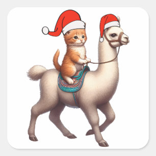 Adesivo Quadrado Gato de Natal Andando Llama, Xmas Llama e Kitten