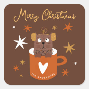 Adesivo Quadrado Gato de Natal bonitinho em Estrelas de Mug Dourado