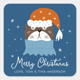 Adesivo Quadrado Gato de Natal bonito em Santa Hat Flocos de Neve A