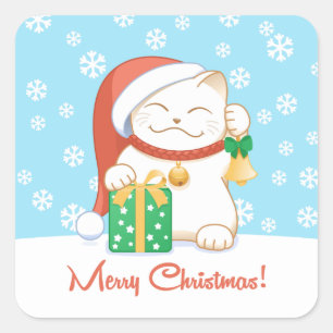 Adesivo Quadrado Gato de Natal Branco num Chapéu Vermelho