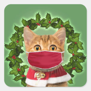 Adesivo Quadrado Gato de Natal com máscara de coronavírus