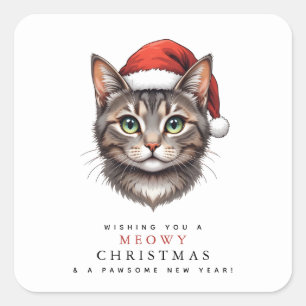 Adesivo Quadrado Gato de Natal Fofo Moderno com Chapéu de Papai Noe