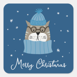 Adesivo Quadrado Gato de Natal giro em Neves Flocos de Neve Azul