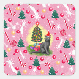 Adesivo Quadrado Gato de Natal Rosa
