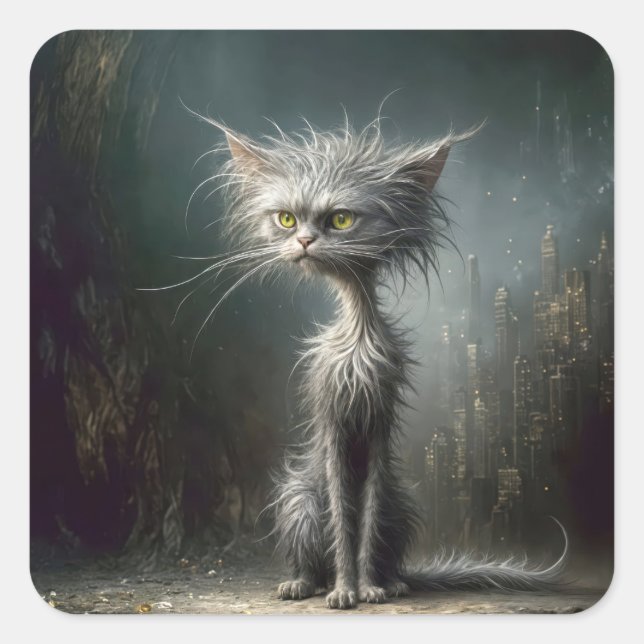 Adesivo Quadrado Gato de Rua da Cidade Scruffy (Frente)