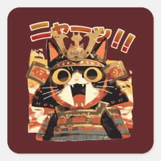 Adesivo Quadrado Gato de Samurai Bonito em Armadura