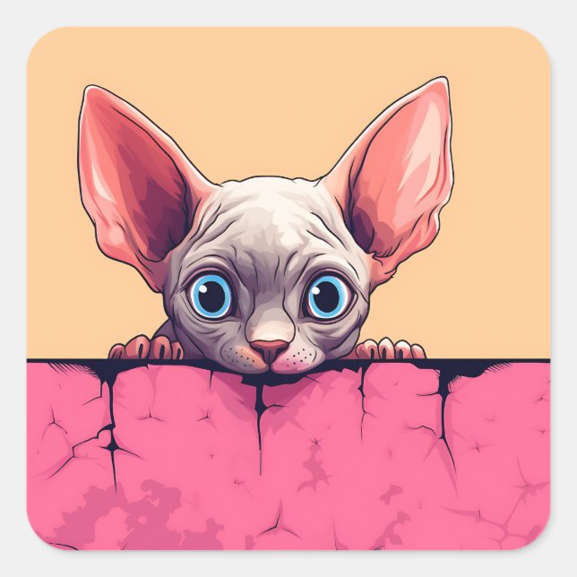 Adesivo Quadrado Gato de Sphynx, Cute de Peeking Kawaii (Frente)