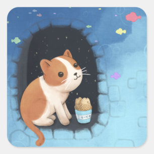 Adesivo Quadrado Gato, Deserto e Arte de Ilustração de Peixe