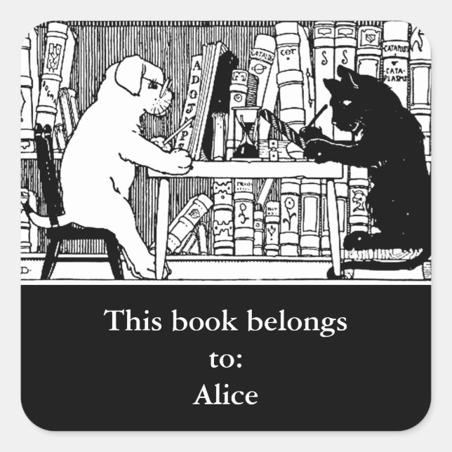 Adesivo Quadrado Gato e Cachorro na Biblioteca Clássica Redonda (Frente)