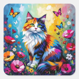 Adesivo Quadrado Gato e Flores Coloridos e com Impasto Bonito