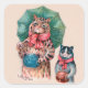 Adesivo Quadrado Gato e gatinho de Louis Wain com guarda-chuvas (Frente)