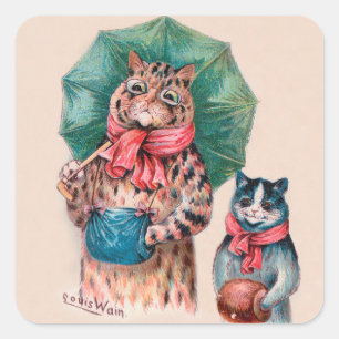 Adesivo Quadrado Gato e gatinho de Louis Wain com guarda-chuvas