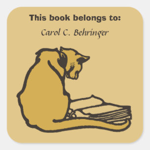 Adesivo Quadrado Gato e livro, bookplate do vintage customizável