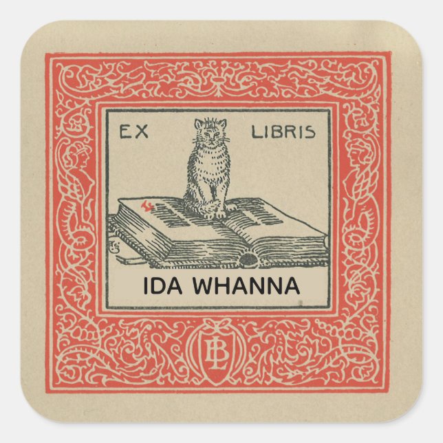 Adesivo Quadrado Gato Editável em um Livro com Borda Ornamental Ver (Frente)