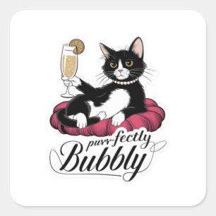 Adesivo Quadrado Gato Elegante com Cocktail francês 75 - Classy & S
