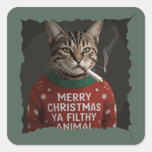 Adesivo Quadrado Gato engraçado de Natal fumando Meme sarcástico de