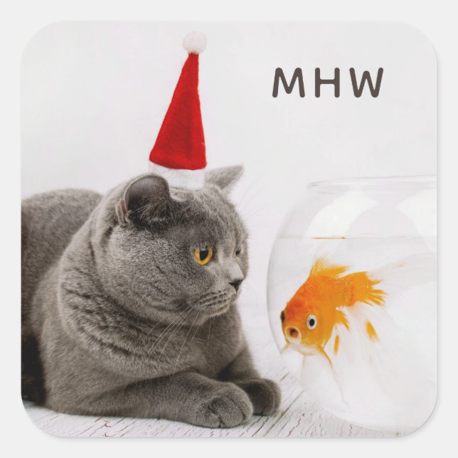 Adesivo Quadrado Gato engraçado e vinhetas de monograma personaliza (Frente)