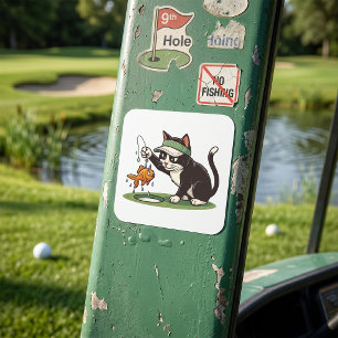 Adesivo Quadrado Gato Engraçado Jogador de Golfe Pescando Obstáculo
