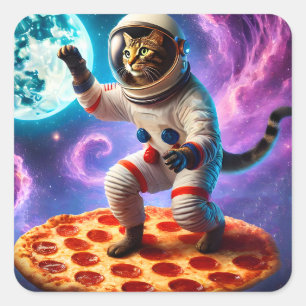 Adesivo Quadrado Gato Engraçado Voando Uma Pizza Astronauta Espaço 