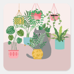 Adesivo Quadrado Gato Entre Plantas Engraçado