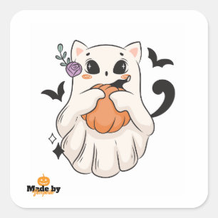 Adesivo Quadrado Gato Fantasma Bonito com Pumpkin Spooky Hallowee